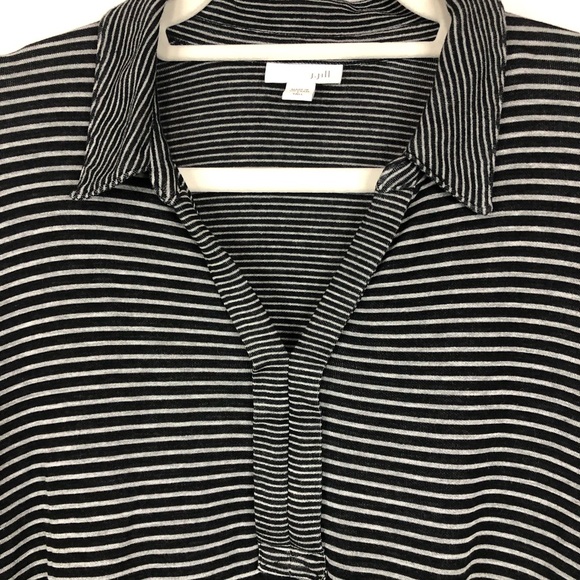 J. Jill Collared Stripe Top Roll Up Sleeve with Button Two Size Stripe - Picture 3 of 9